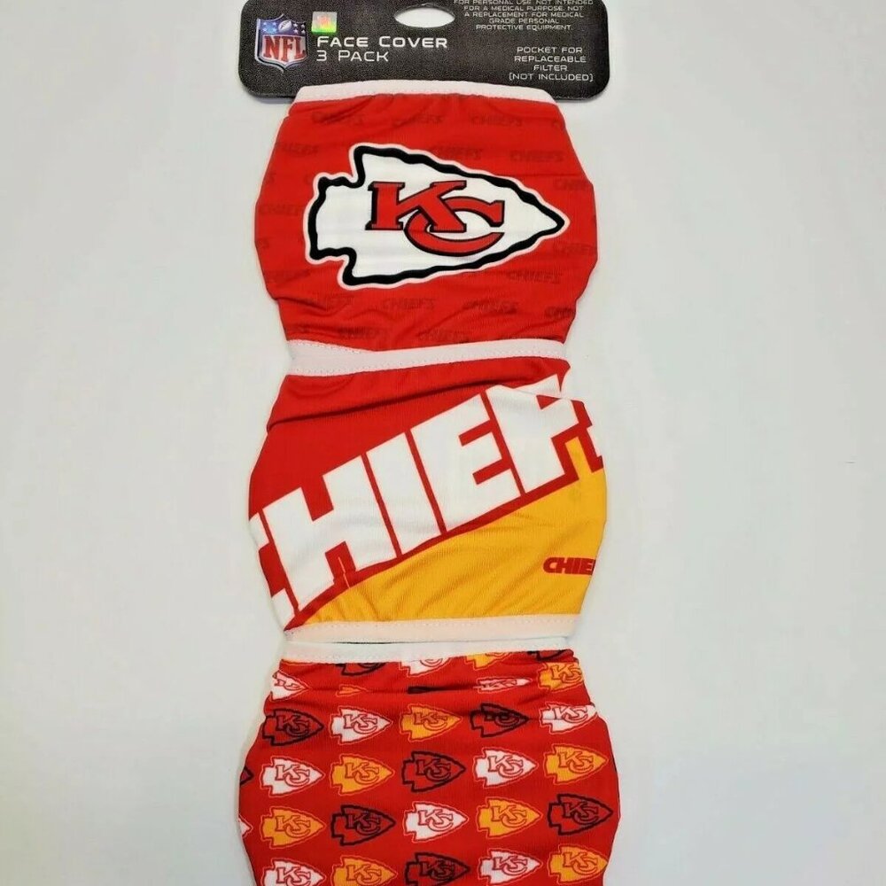 NFL Face Cover 3 Pack Kansas City Chiefs OS Red Logo Reusable Filter Pocket FOCO